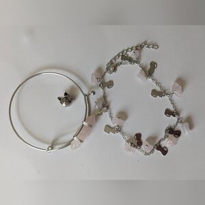 Handmade Natural Rose Quartz Bangle Bracelet & Kitty Cat Anklet (2 pc set)